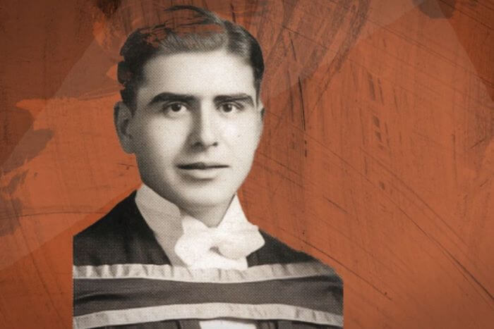 Vintage black and white portrait of young Bader in academic gown and white bowtie on an orange textured background.