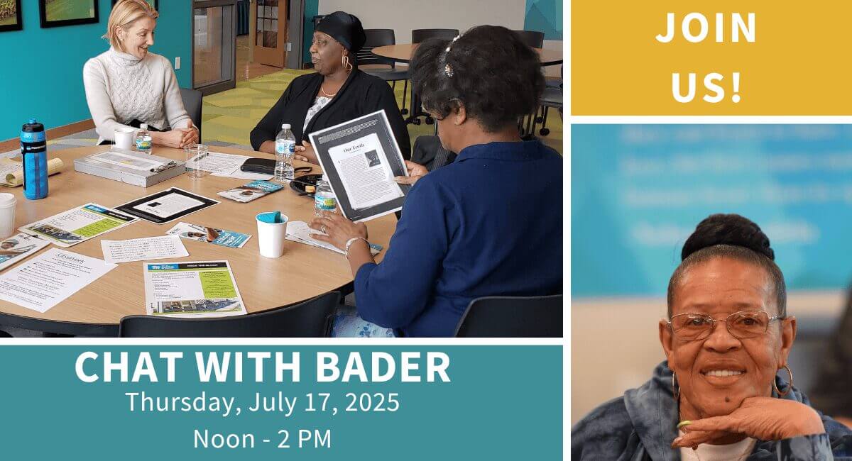 Event banner for 'Chat With Bader' on July 17, 2025. Features discussion attendees and smiling portrait of Bader.