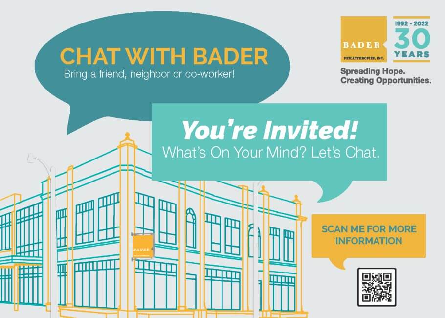 Bader Philanthropies 'Chat with Bader' invitation postcard, celebrating 30 years. Features building outline & QR code.
