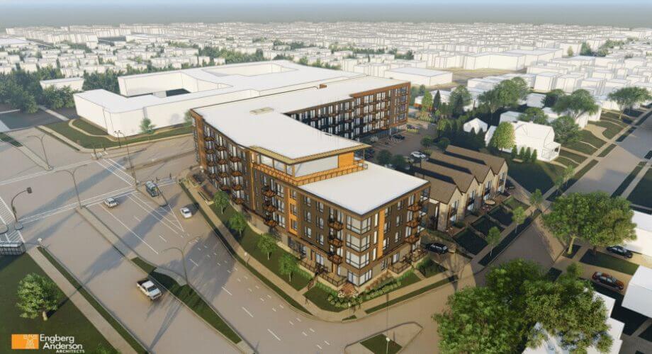 Crowley Urban Apartment Project Rendering Crowley urban apartment development architectural rendering by Engberg Anderson Architects. Modern L-shaped residential building.