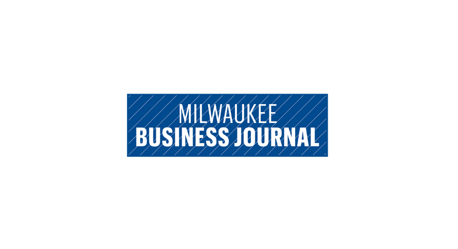 Milwaukee Business Journal logo featuring white text on a blue background with diagonal stripes.