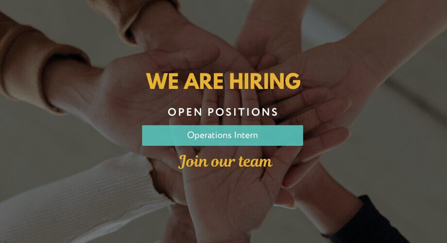 Team hands stacked, promoting 'We Are Hiring' for Operations Interns. Join our collaborative team and open positions.