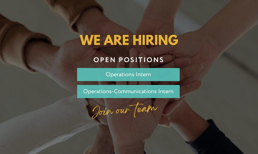 Team hands stacked for collaboration. 'We Are Hiring' text lists Operations and Operations-Communications Intern positions.