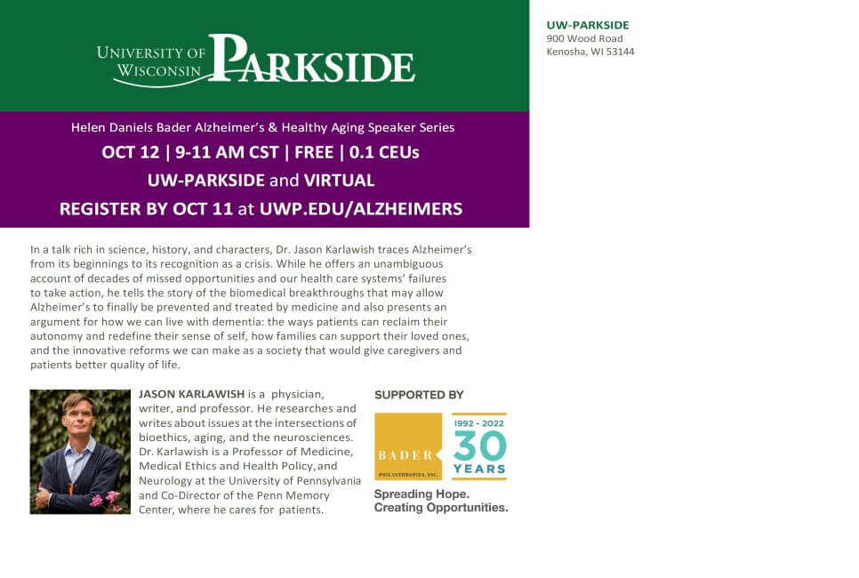 Dr. Jason Karlawish discusses Alzheimer's and healthy aging for UW-Parkside speaker series, virtual and in-person, Oct 12.