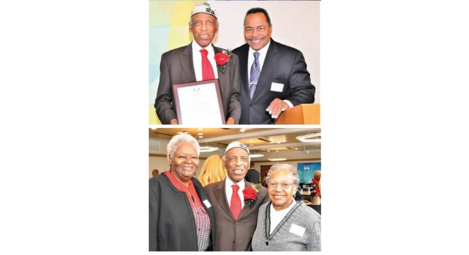 Reuben Harpole receives award at community recognition event Reuben Harpole holding an award with another man, and later with two women, celebrating his recognition.