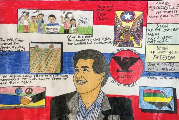 Vibrant child's drawing honoring César Chávez, UFW, farmworker rights, nonviolent activism, and Latino civil rights.