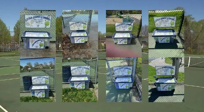 Little Tennis Library setups at public courts Little Tennis Library bins offering rackets & balls for community use, installed on fences at various public courts.