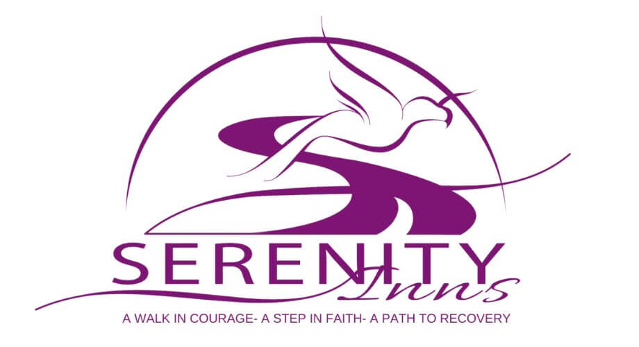 Serenity Inn's purple logo, a dove over a path, reflecting courage, faith, and a healing journey to recovery.