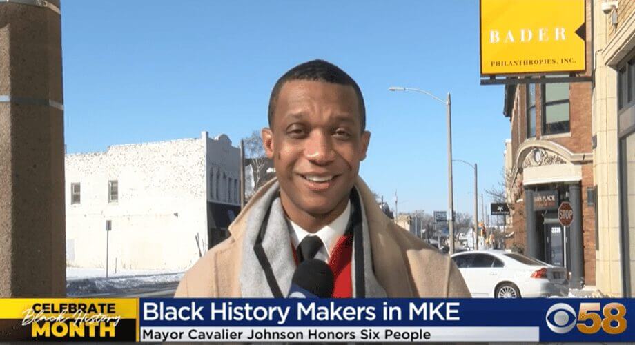 Smiling CBS 58 reporter discusses Mayor Johnson honoring Black History Makers for Black History Month in Milwaukee.