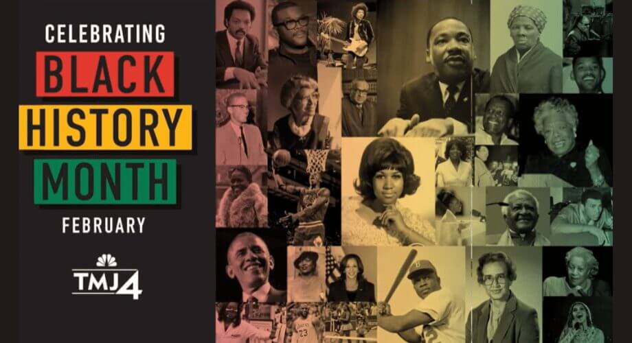 Black History Month tribute featuring diverse figures: Martin Luther King Jr., Barack Obama, Harriet Tubman, Aretha Franklin, Maya Angelou, Michael Jordan.