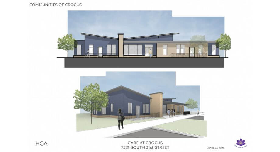 Crocus Care Center Architectural Rendering by HGA Modern architectural rendering of the blue and tan Crocus Care Center at 7521 S 31st St, designed by HGA.