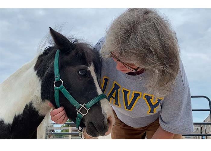 Woman in NAVY shirt gently caresses a black and white pinto horse wearing a green halter, showcasing their bond.