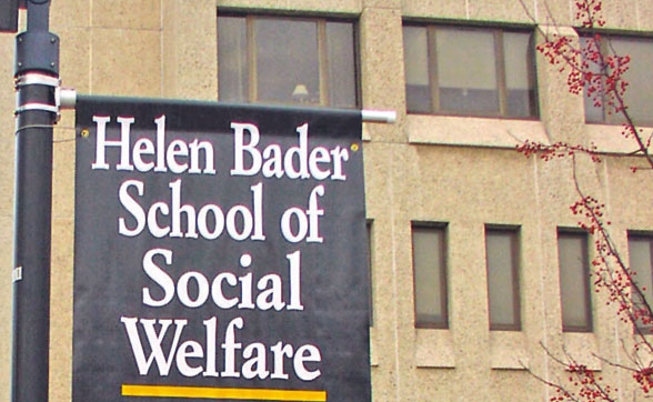 Helen Bader School of Social Welfare banner on University of Wisconsin-Milwaukee building.