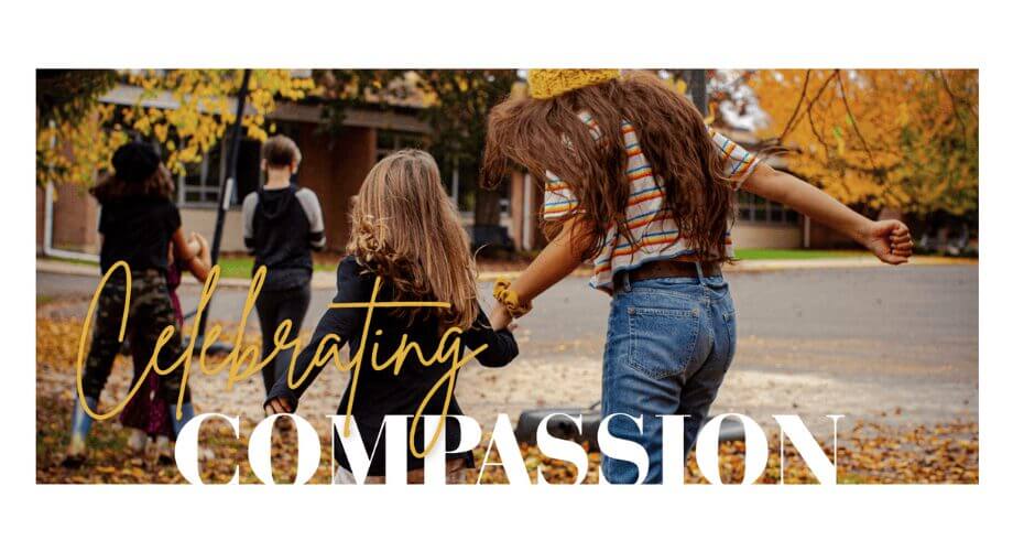 Impact 2024: Kids Celebrating Compassion Kids walking hand-in-hand among fall leaves, embodying kindness and the spirit of 'Celebrating Compassion' for Impact 2024.