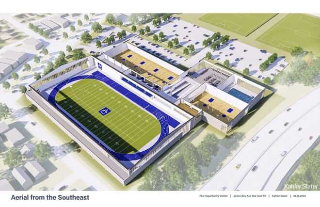 Opportunity Center Sports & Education Complex Rendering Aerial architectural plan for The Opportunity Center, featuring a football field, blue track, gym, and swimming pool.
