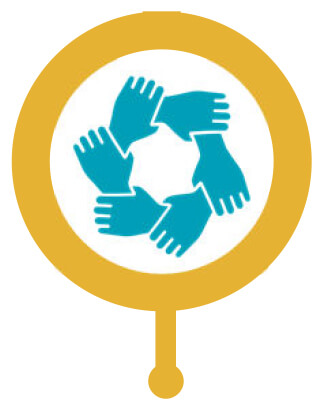 BLI icon with teal hands interlocked in a circle, representing leadership culture, teamwork, and community.