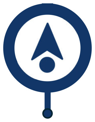 Dark blue BLI leadership icon with an upward arrow and dot, symbolizing direction, guidance, and progress.